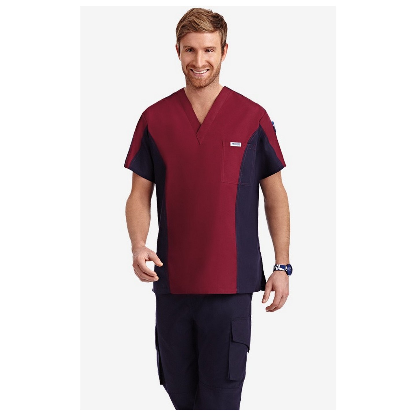 Men's Two Tone Scrub Top - Burgundy-Navy (BU-NN)