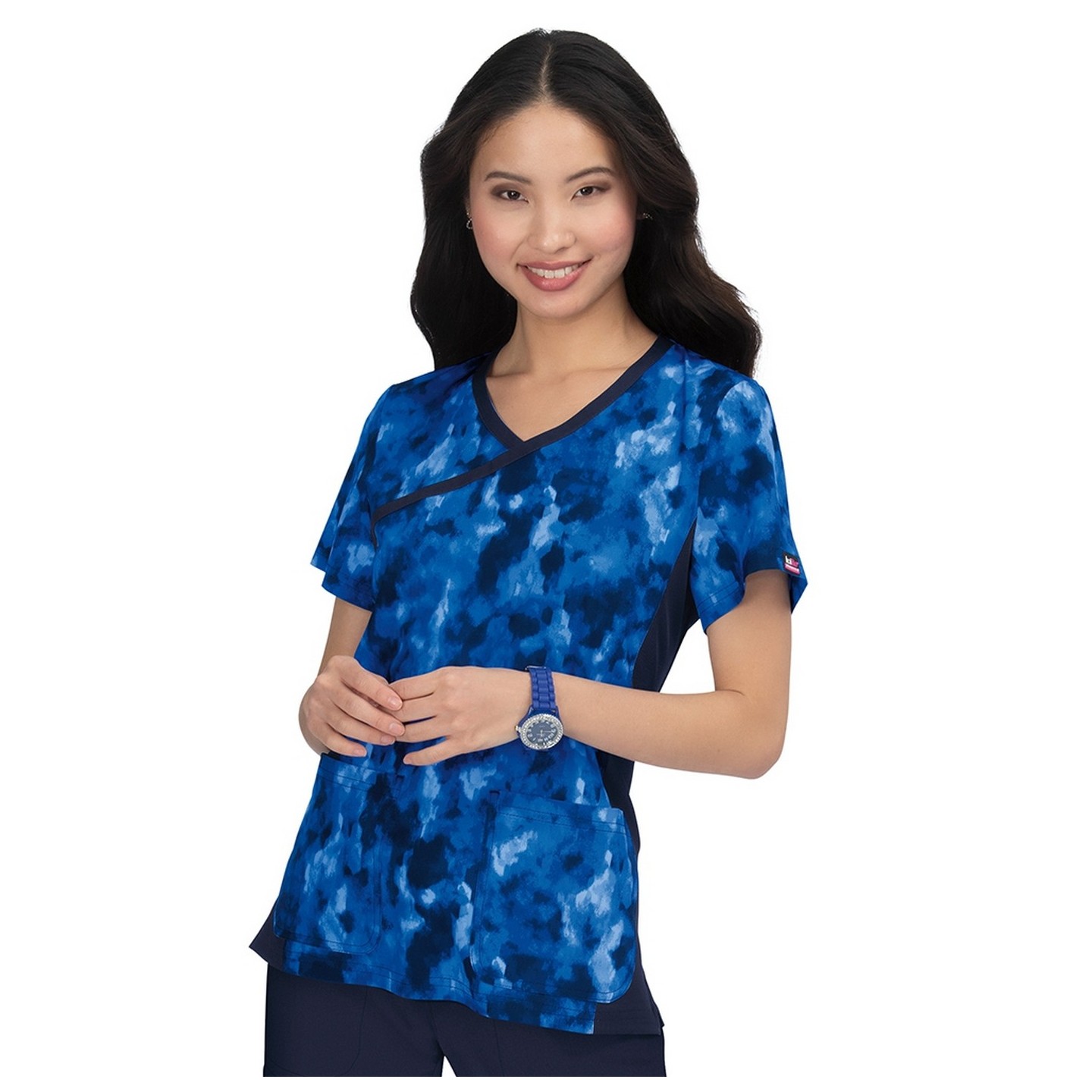 1049PR koi Lite Stretch Raquel Mock-Wrap Print Top - Camo Visions