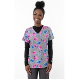 1457GR – Forever Tulips - Grey Print Scrub Top - Soft Stretch Zinnia Fabric by Greentown