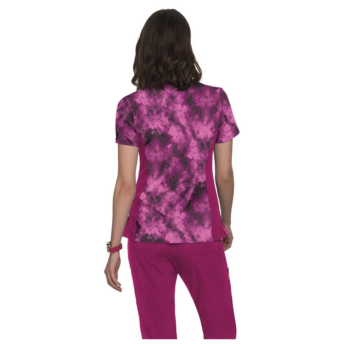 1049PR koi Lite Stretch Raquel Mock-Wrap Haut Imprimé - Heather Raspberry Tie Dye