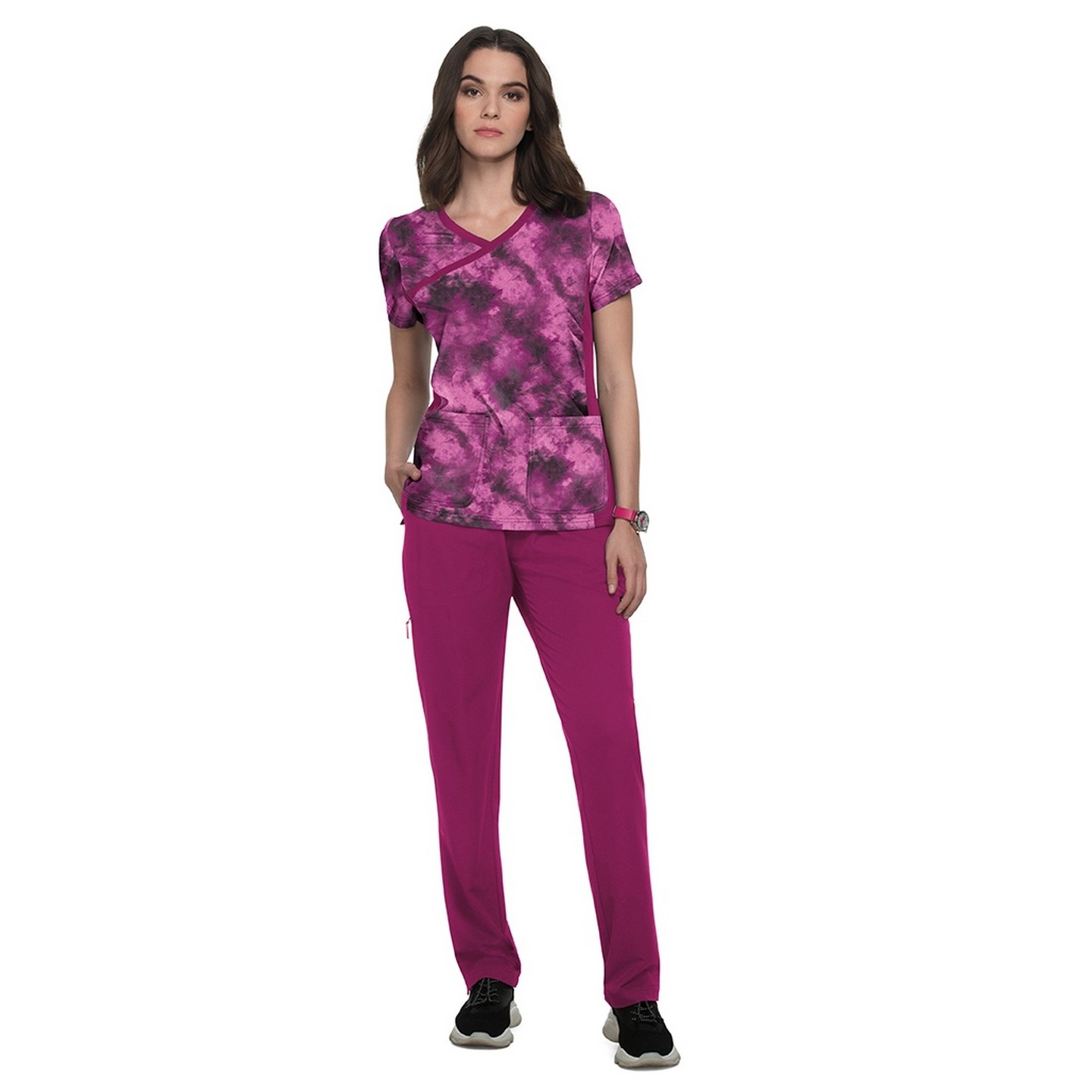 1049PR koi Lite Stretch Raquel Mock-Wrap Haut Imprimé - Heather Raspberry Tie Dye