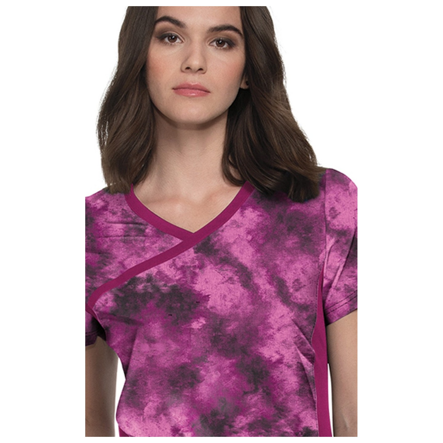 1049PR koi Lite Stretch Raquel Mock-Wrap Haut Imprimé - Heather Raspberry Tie Dye