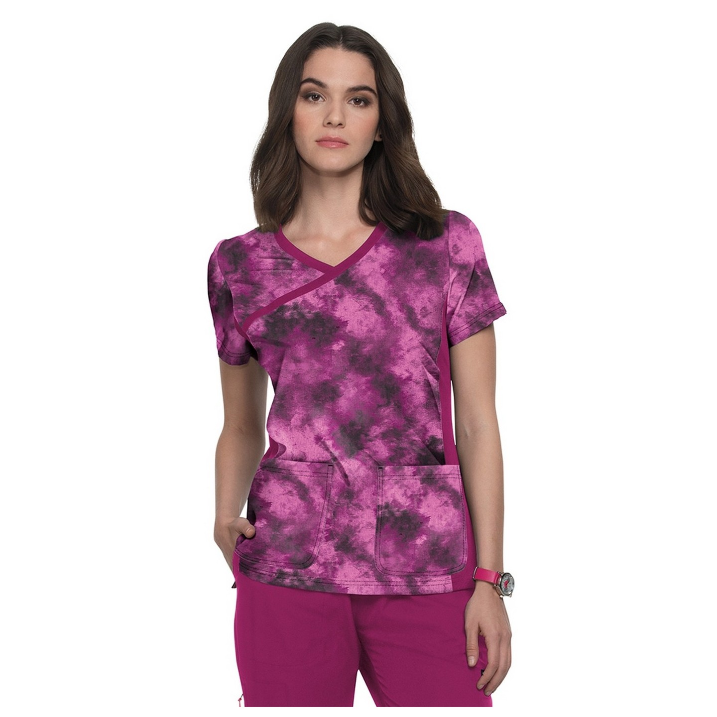 1049PR koi Lite Stretch Raquel Mock-Wrap Print Top - Heather Raspberry Tie Dye
