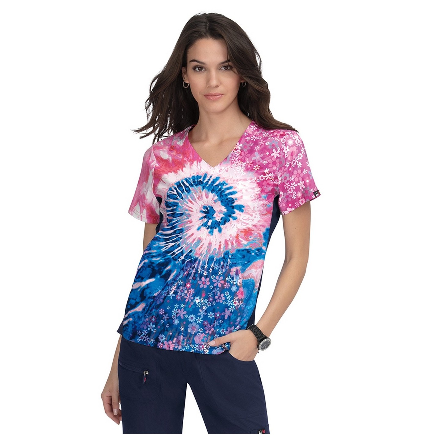 370PLM koi Lite Haut Reform a Col en V Imprimé - Groovy Floral Navy/Elec Blue/Coral