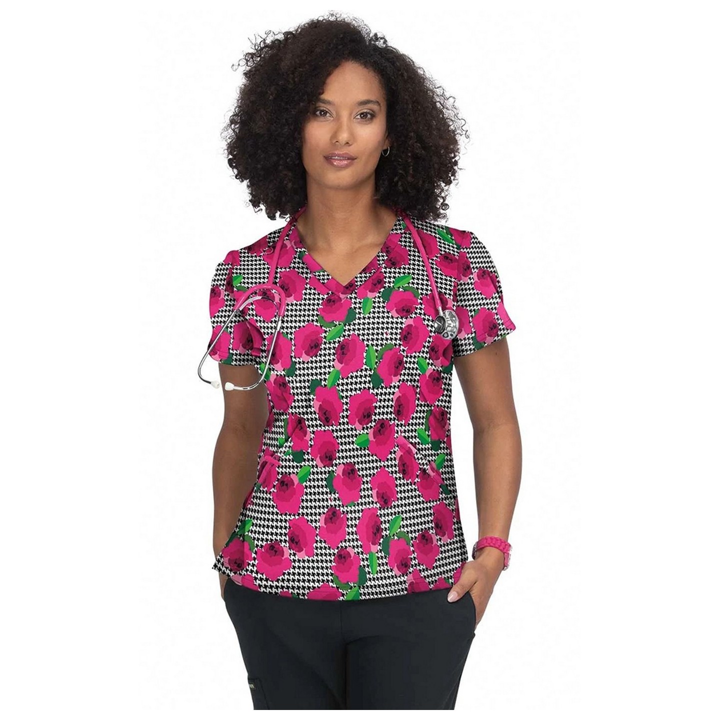 F101PR French Bull by koi Doll V-Neck Print Scrub Top - Houndstooth Rose