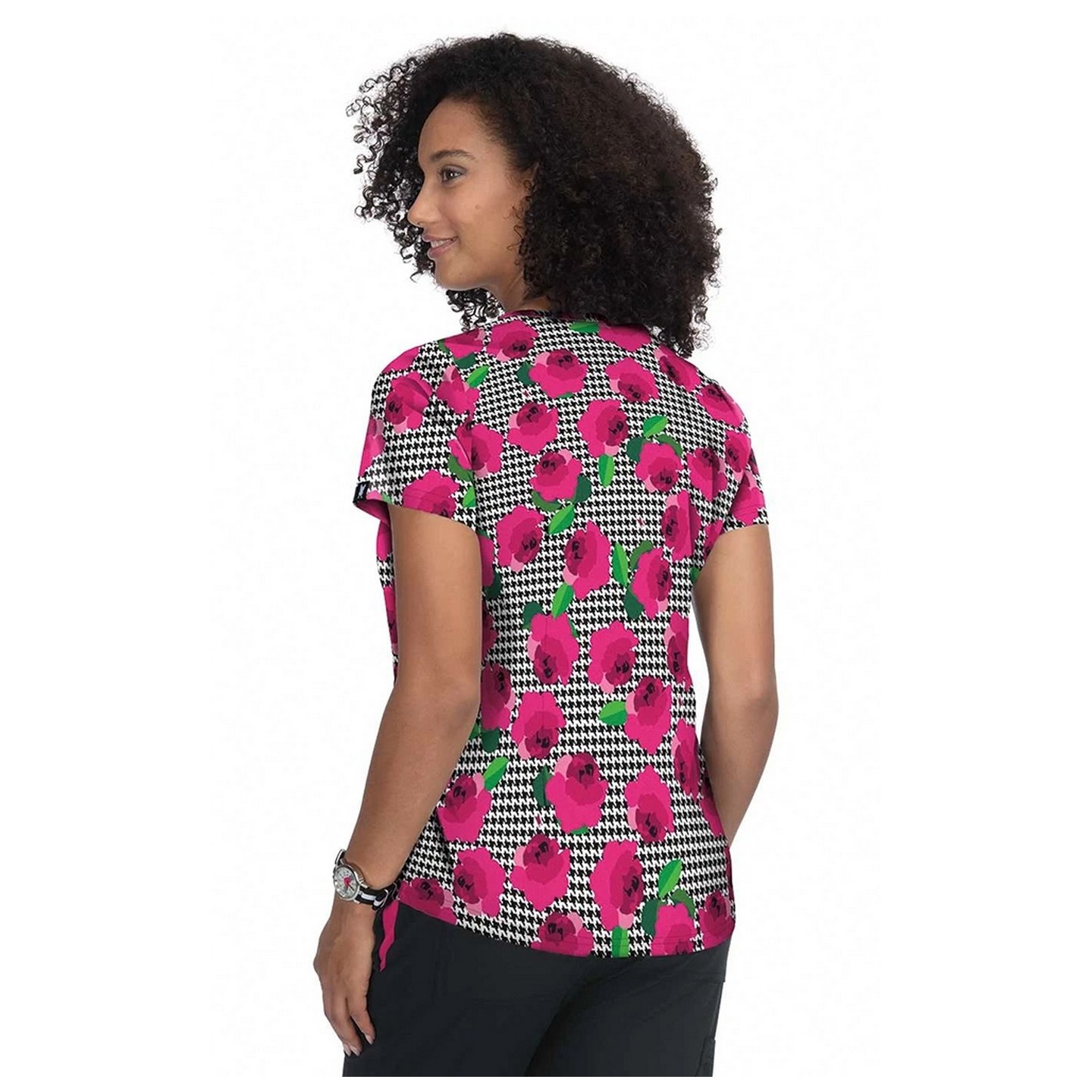 F101PR French Bull by koi Doll V-Neck Print Scrub Top - Houndstooth Rose