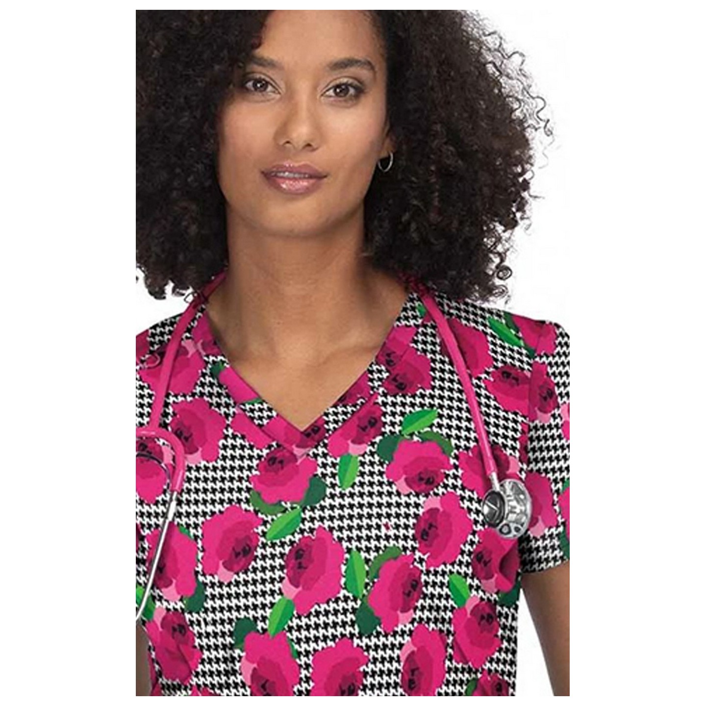 F101PR French Bull by koi Doll V-Neck Print Scrub Top - Houndstooth Rose