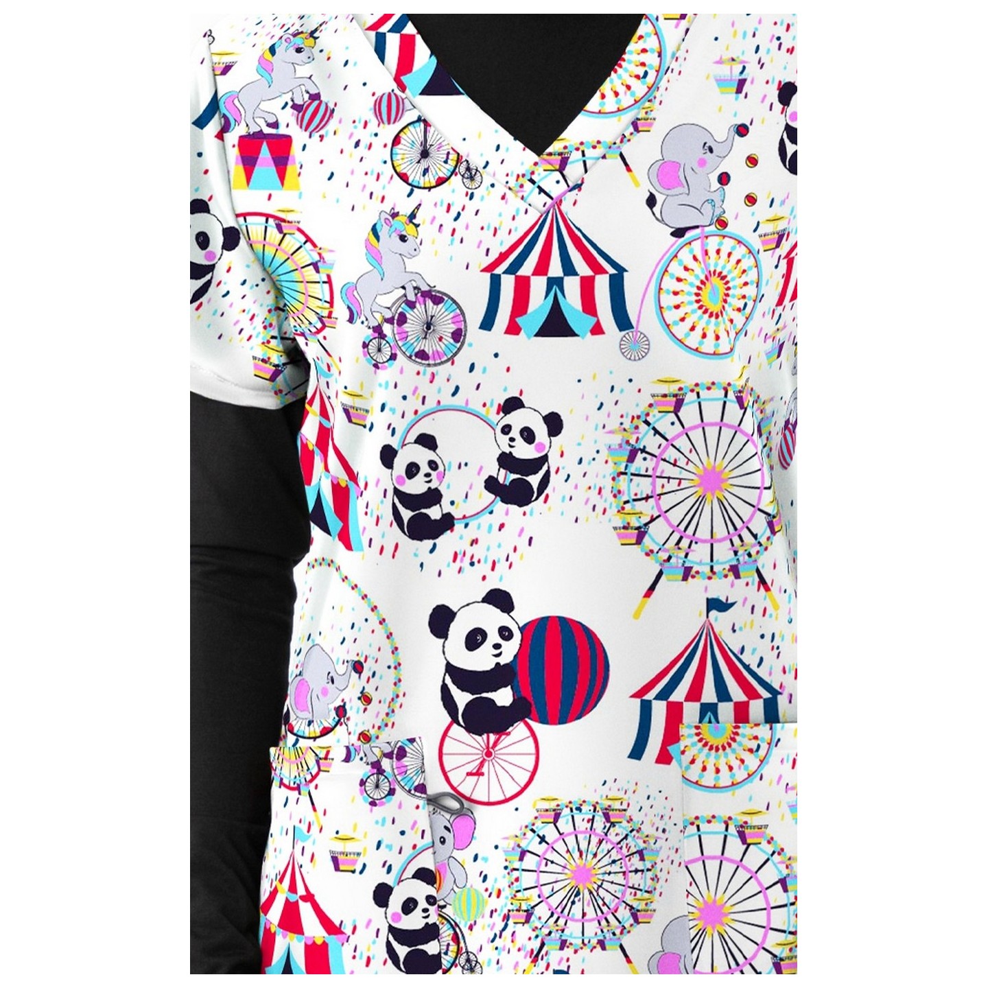 1465WH – BIG CIRCUS WHITE Print Scrub Top - Soft Stretch Zinnia Fabric by Greentown