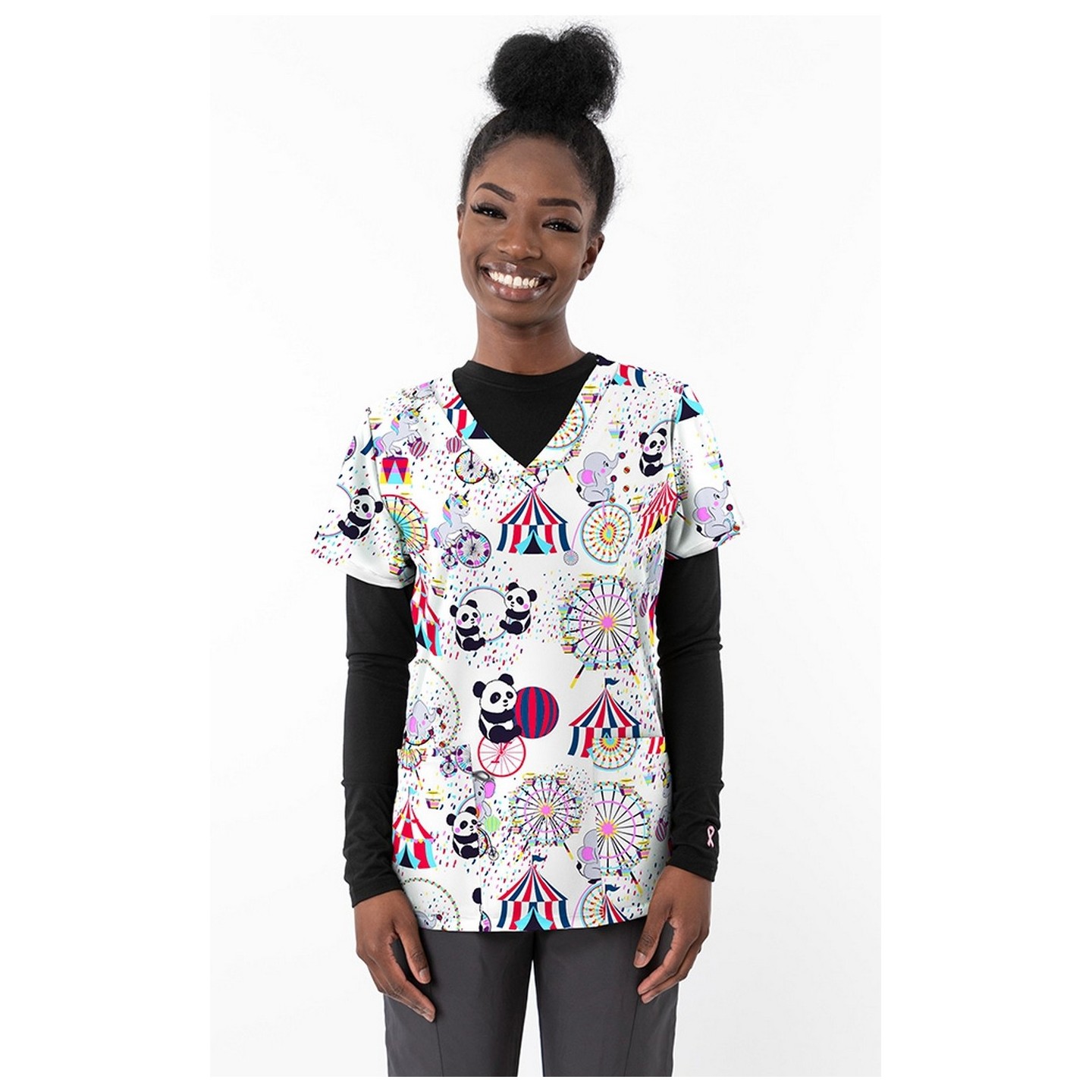 1465WH – BIG CIRCUS WHITE Print Scrub Top - Soft Stretch Zinnia Fabric by Greentown