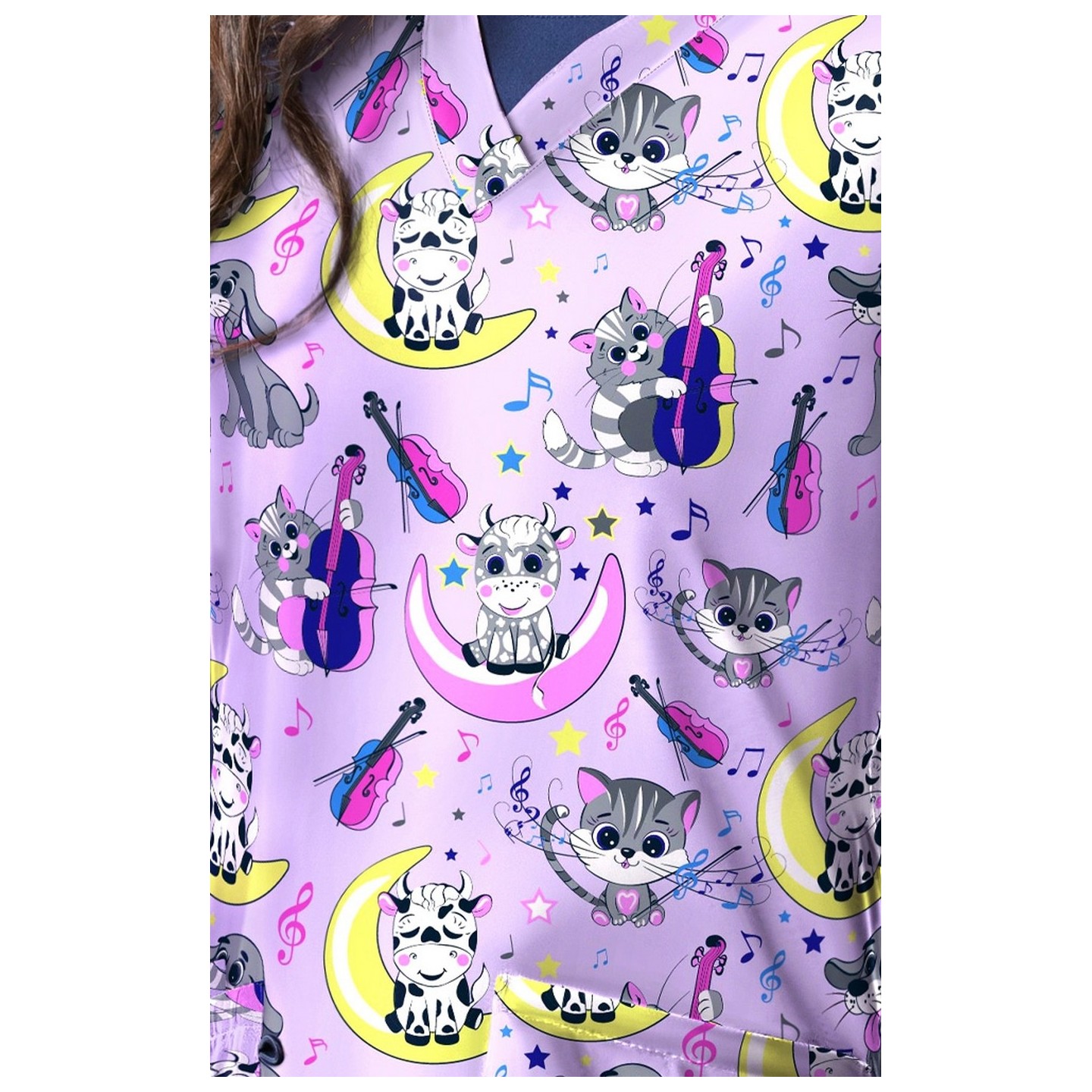 1466PL – CAT & THE FIDDLE PURPLE Print Scrub Top - Soft Stretch Zinnia Fabric by Greentown