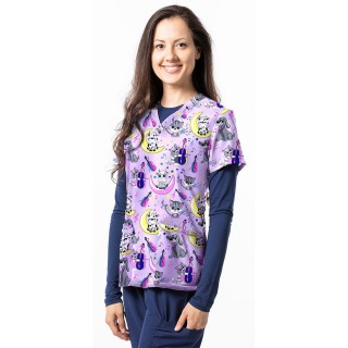 1466PL - Haut à imprimé CAT & THE FIDDLE PURPLE - Tissu doux et extensible Zinnia par Greentown