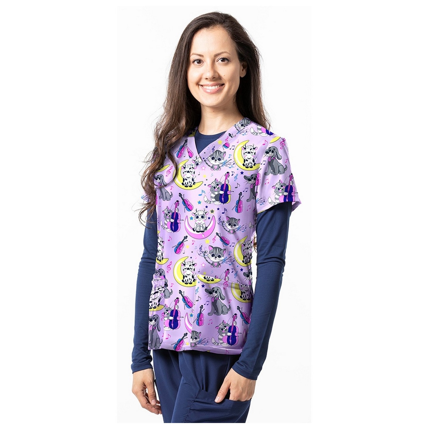 1466PL - Haut à imprimé CAT & THE FIDDLE PURPLE - Tissu doux et extensible Zinnia par Greentown