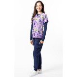 1466PL – CAT & THE FIDDLE PURPLE Print Scrub Top - Soft Stretch Zinnia Fabric by Greentown