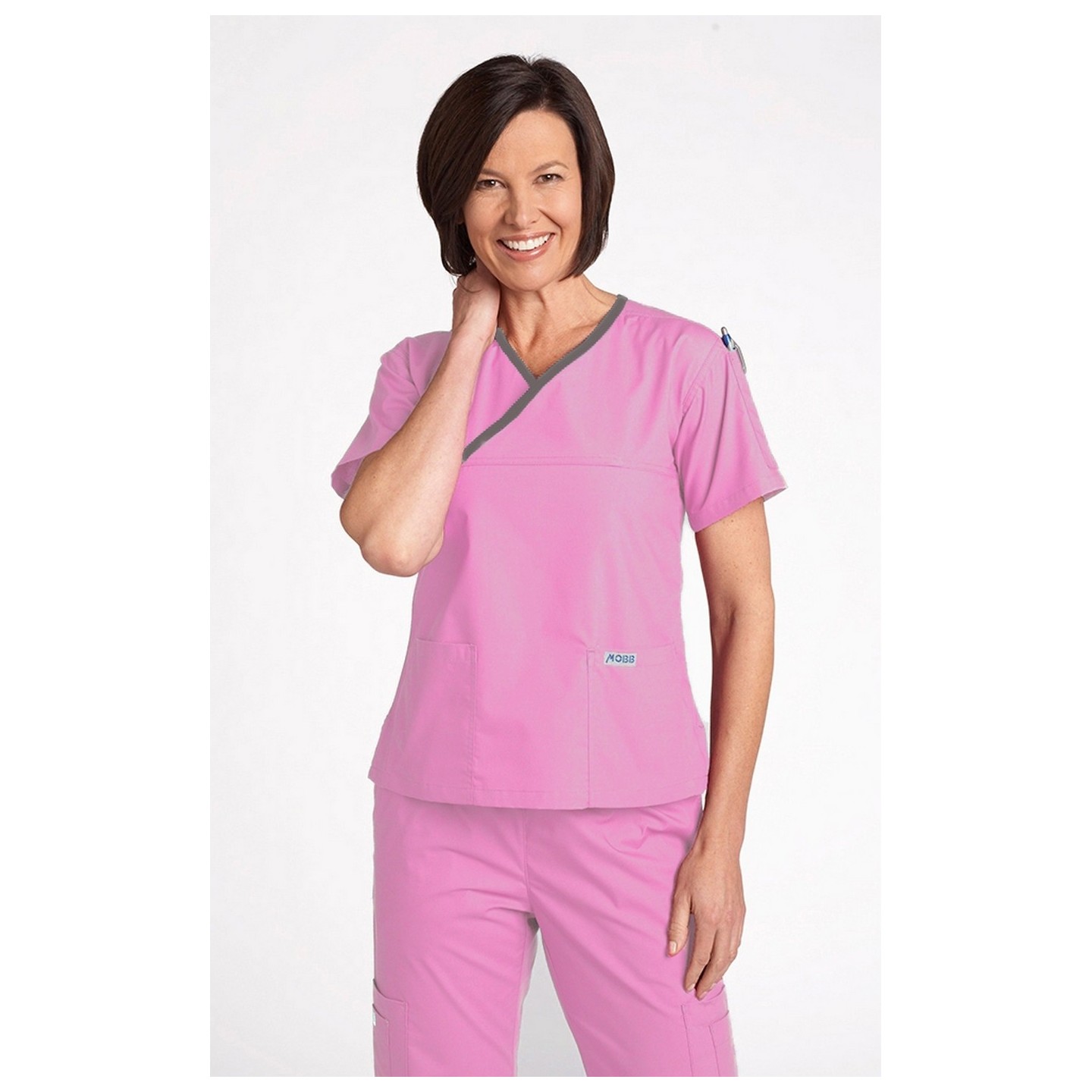 *FINAL SALE BUBBLE GUM/CHARCOAL 323T Criss Cross Scrub Top by MOBB