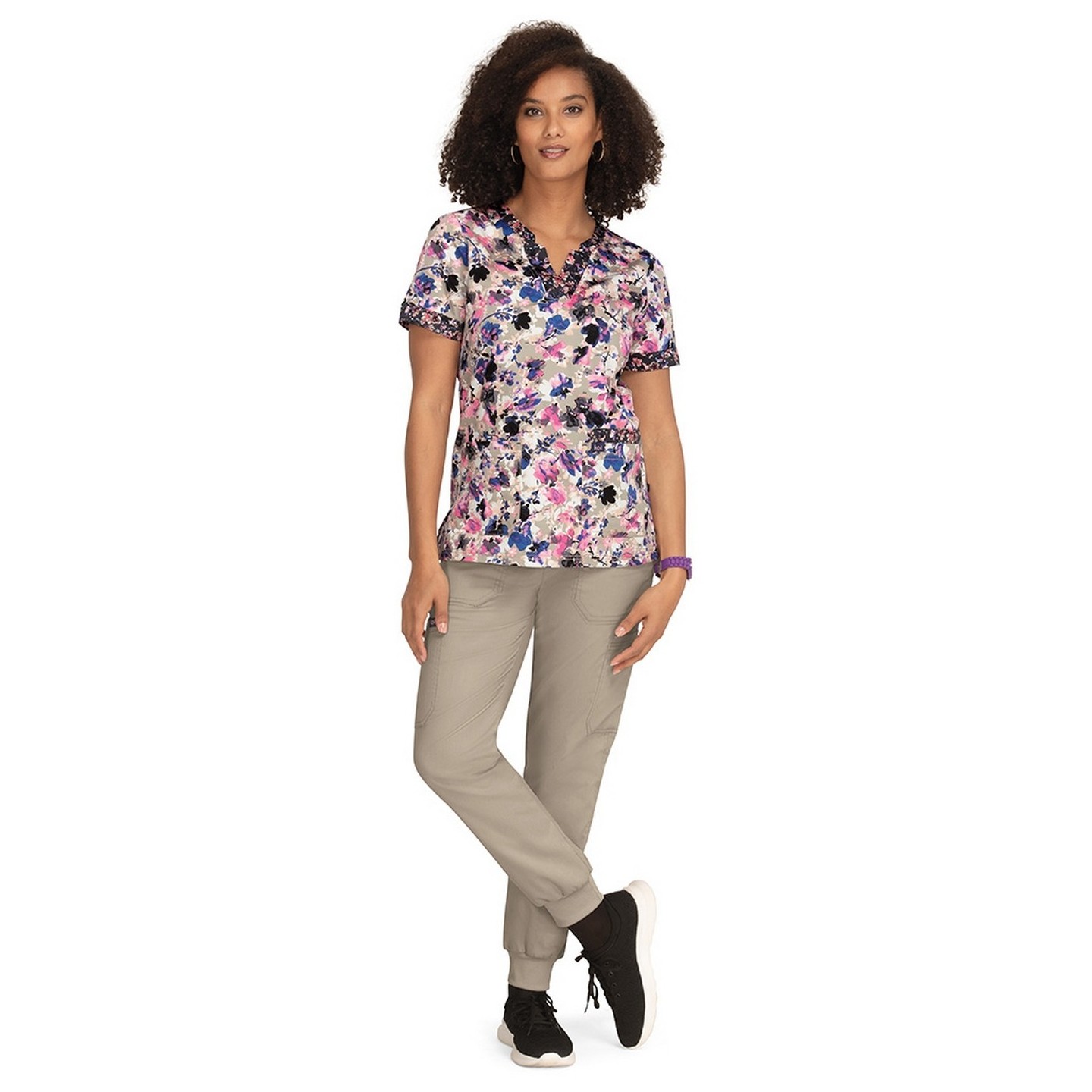 1070PR Koi Stretch Elena 4 Pocket Print Top - Watercolor Petals