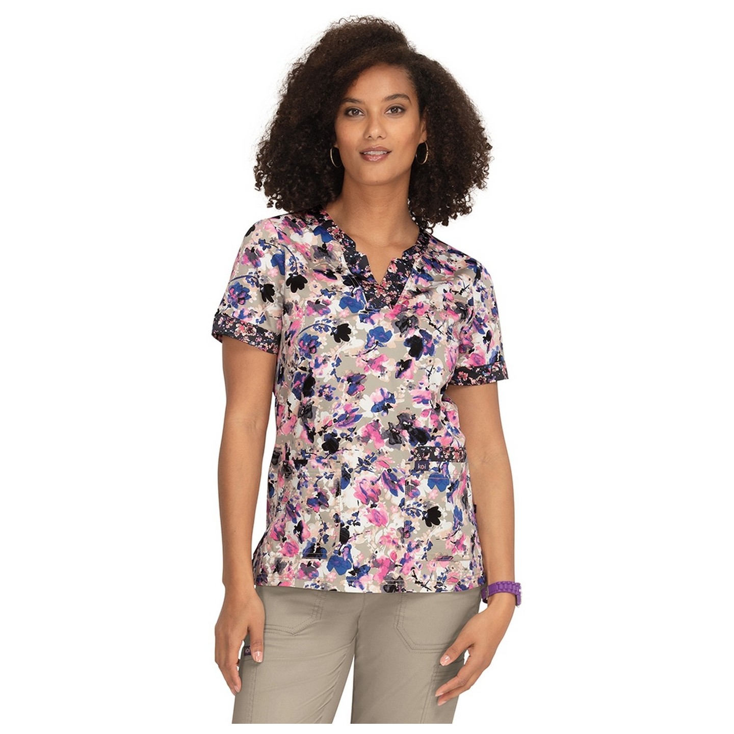 1070PR Koi Stretch Elena 4 Pocket Print Top - Watercolor Petals