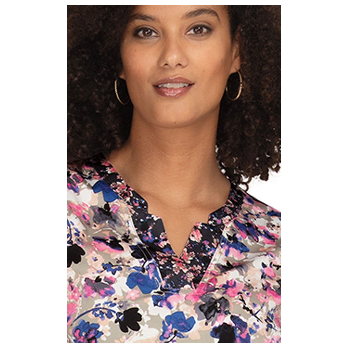 1070PR Koi Stretch Elena 4 Pocket Print Top - Watercolor Petals