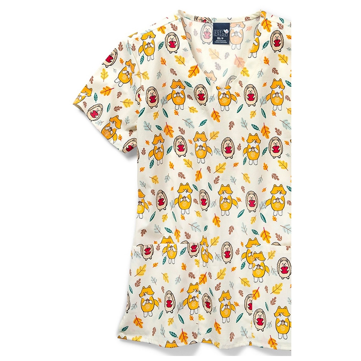 Zoe + Chloe Happy Harvest V-neck Print Scrub Tops