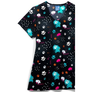 Zoe + Chloe Pawp Star Curved V-neck Print Scrub Tops