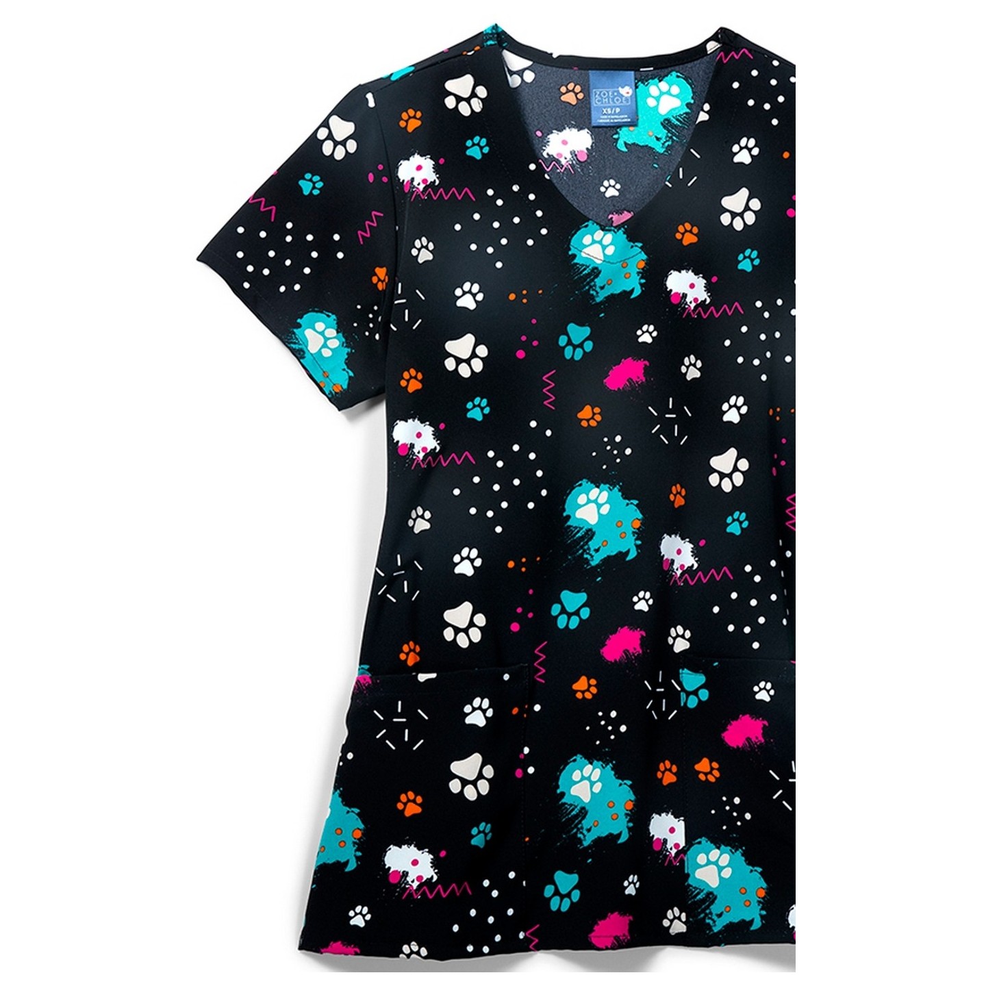 Zoe + Chloe Pawp Star Curved V-neck Print Scrub Tops