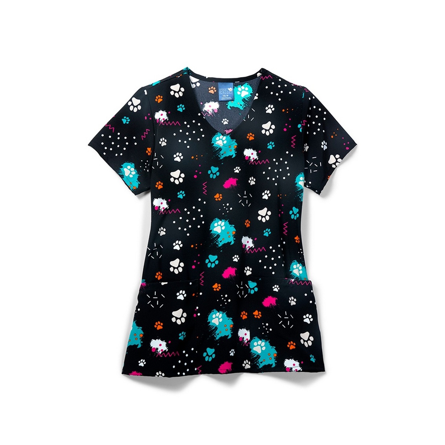 Zoe + Chloe Pawp Star Curved V-neck Print Scrub Tops