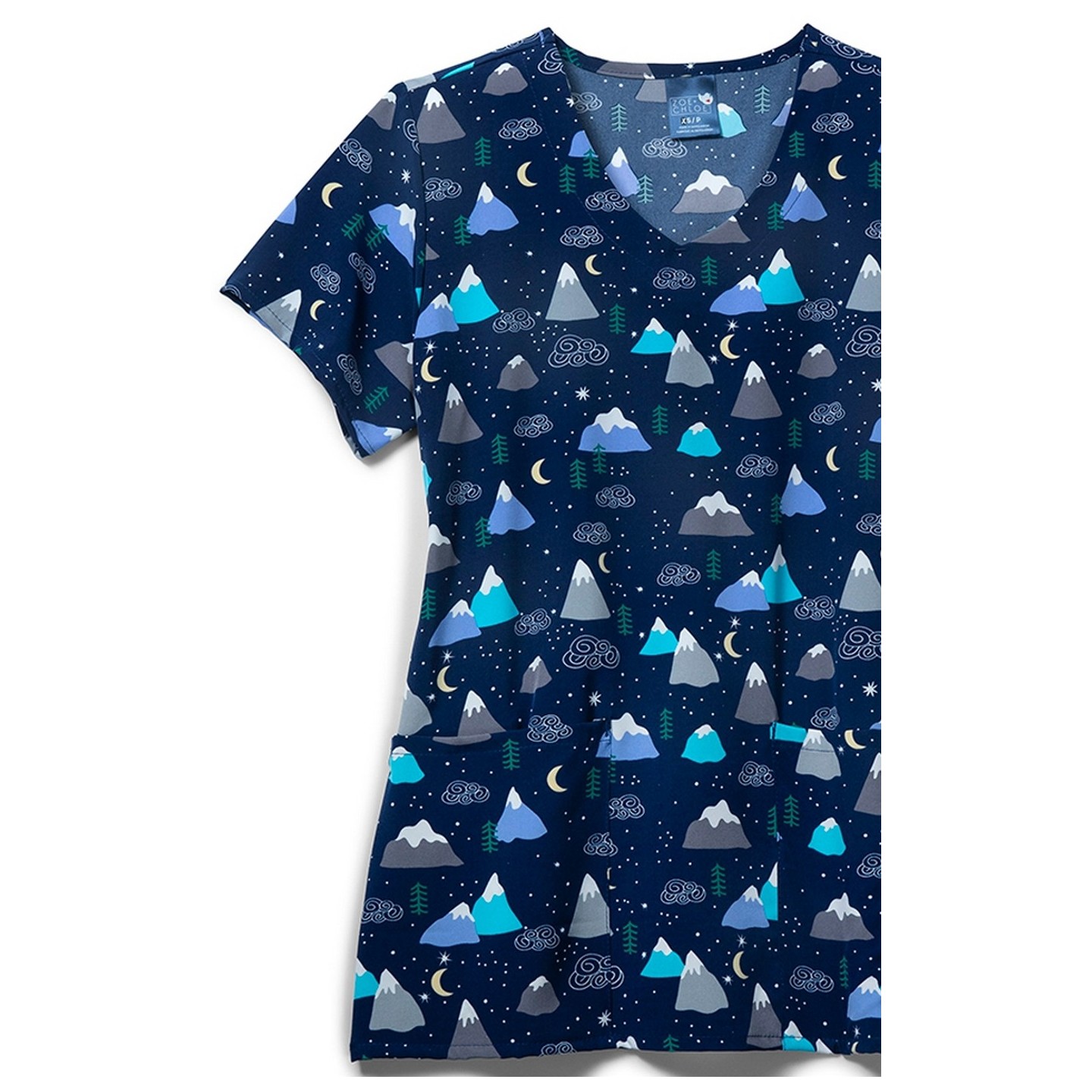 Zoe + Chloe Snow Caps Curved V-neck Print Scrub Tops