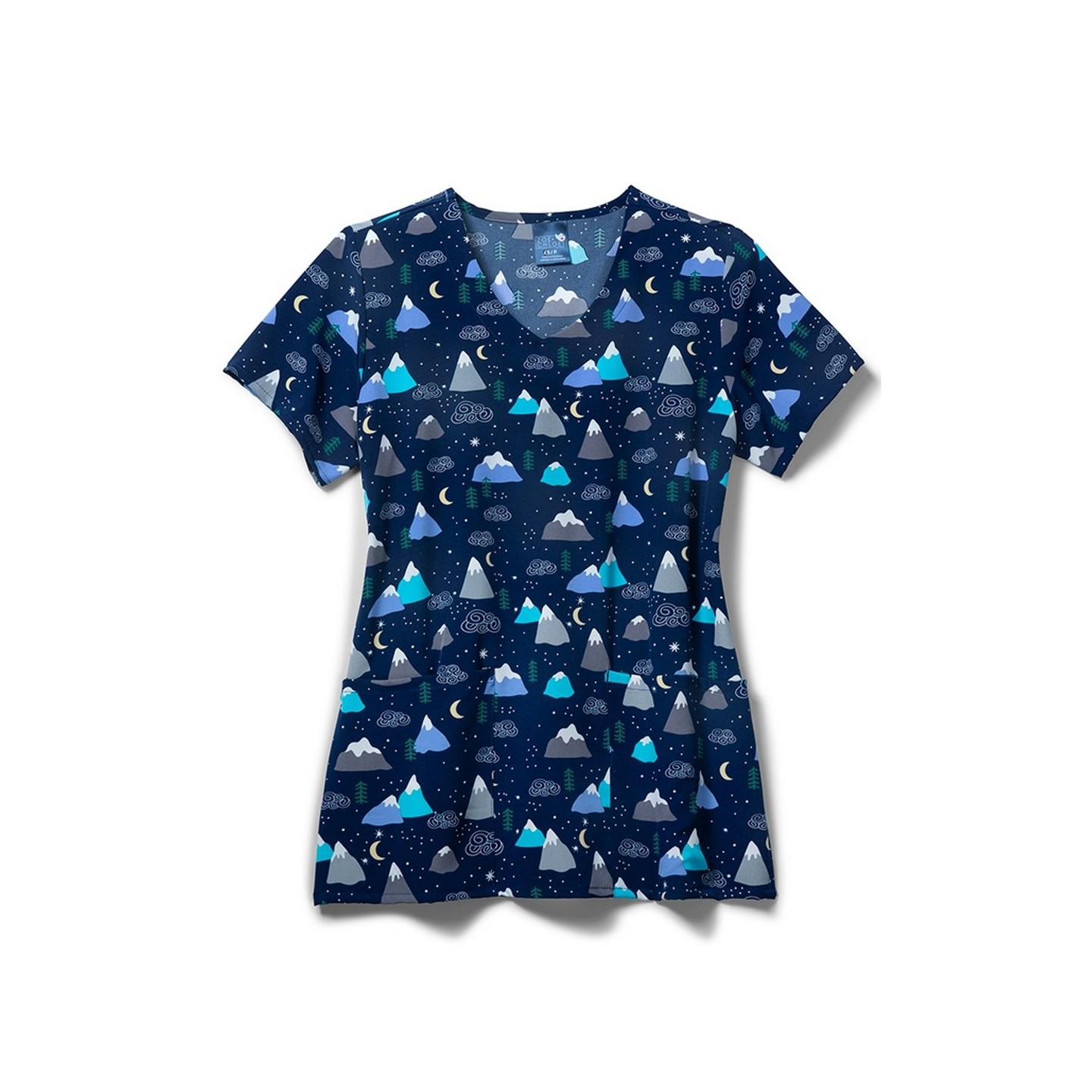 Zoe + Chloe Snow Caps Curved V-neck Print Scrub Tops