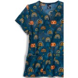 Zoe + Chloe Pumpkin Wishes Notch Neck Print Scrub Tops