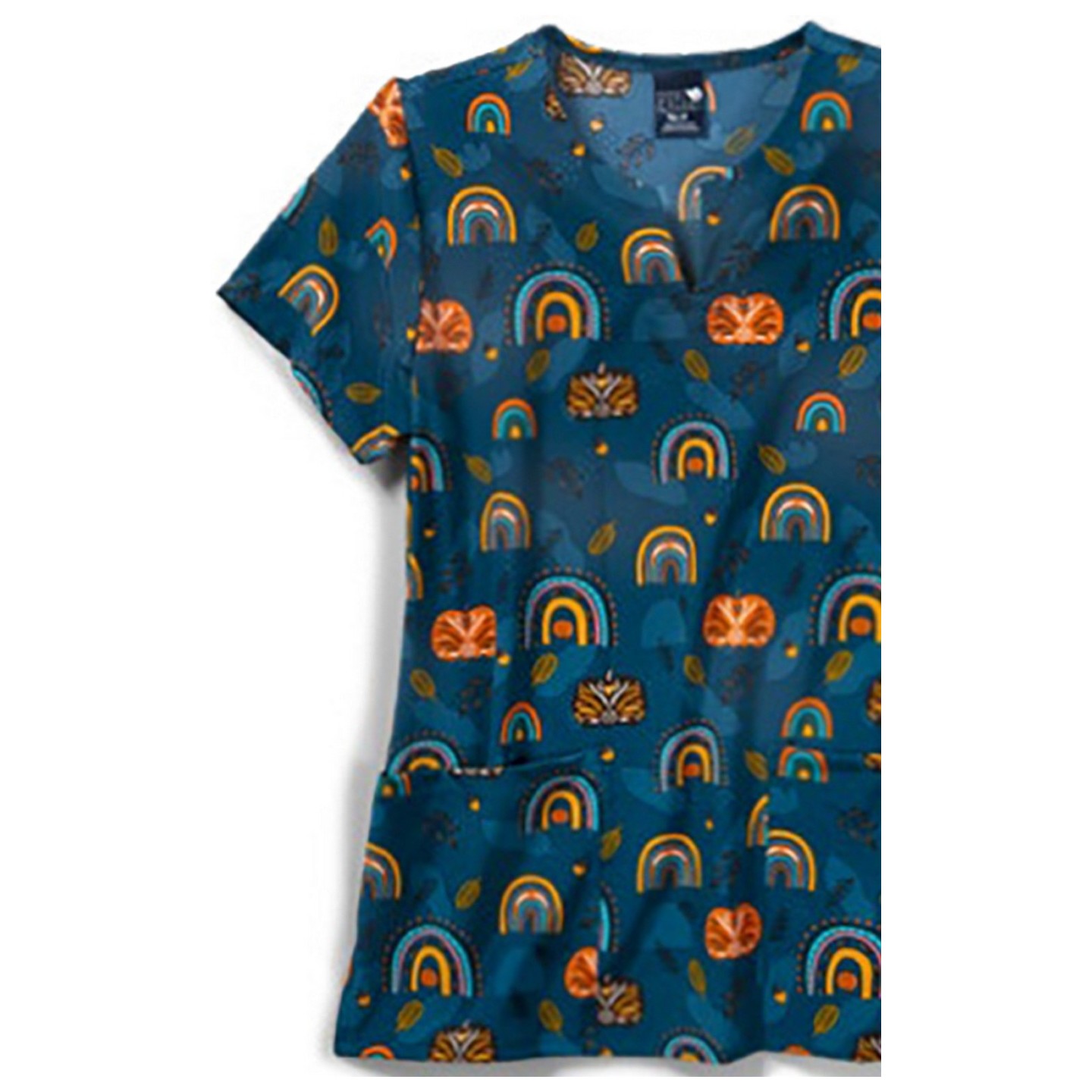 Zoe + Chloe Pumpkin Wishes Notch Neck Print Scrub Tops