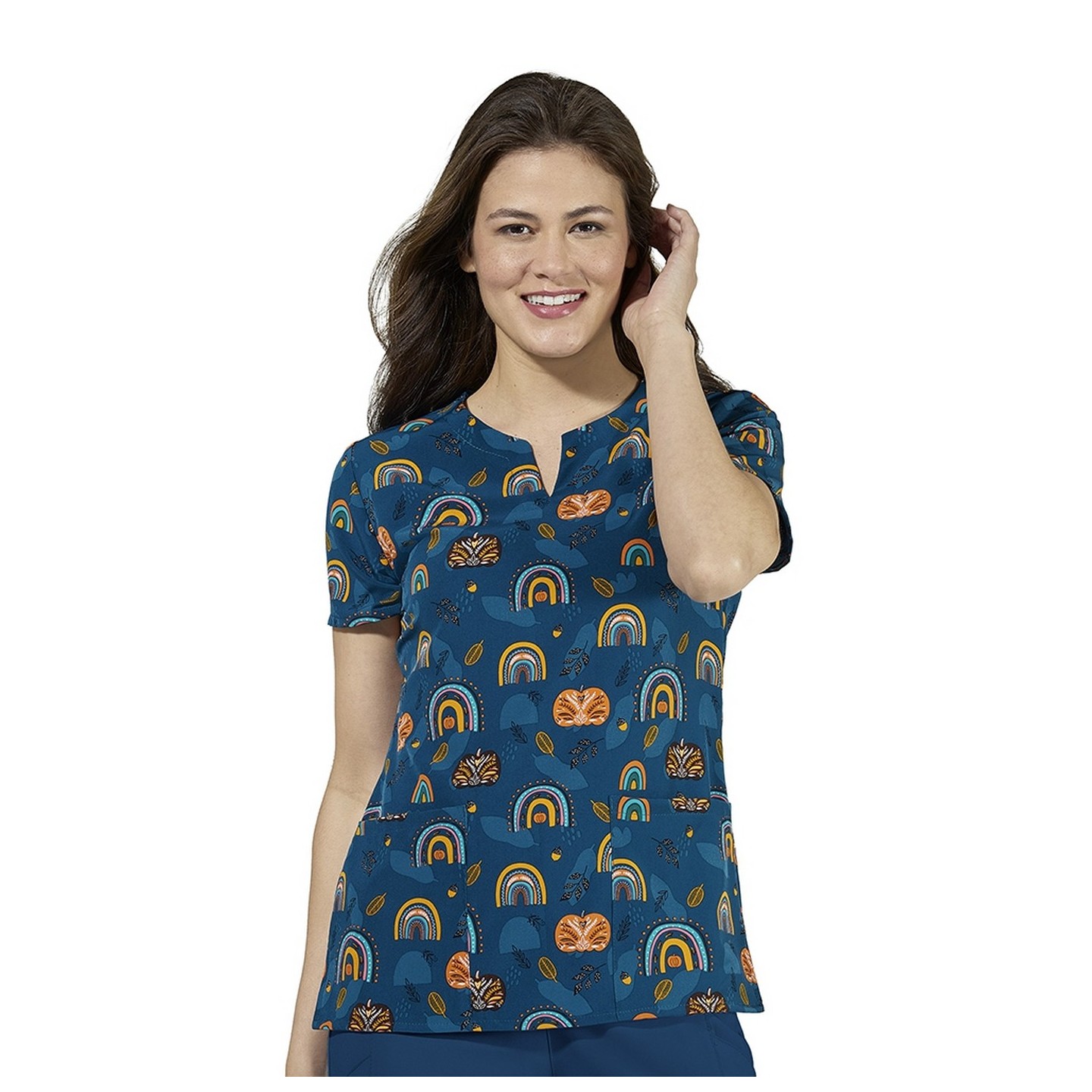 Zoe + Chloe Pumpkin Wishes Notch Neck Print Scrub Tops
