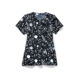 Zoe + Chloe Moody Blooms Notch Neck Print Scrub Tops