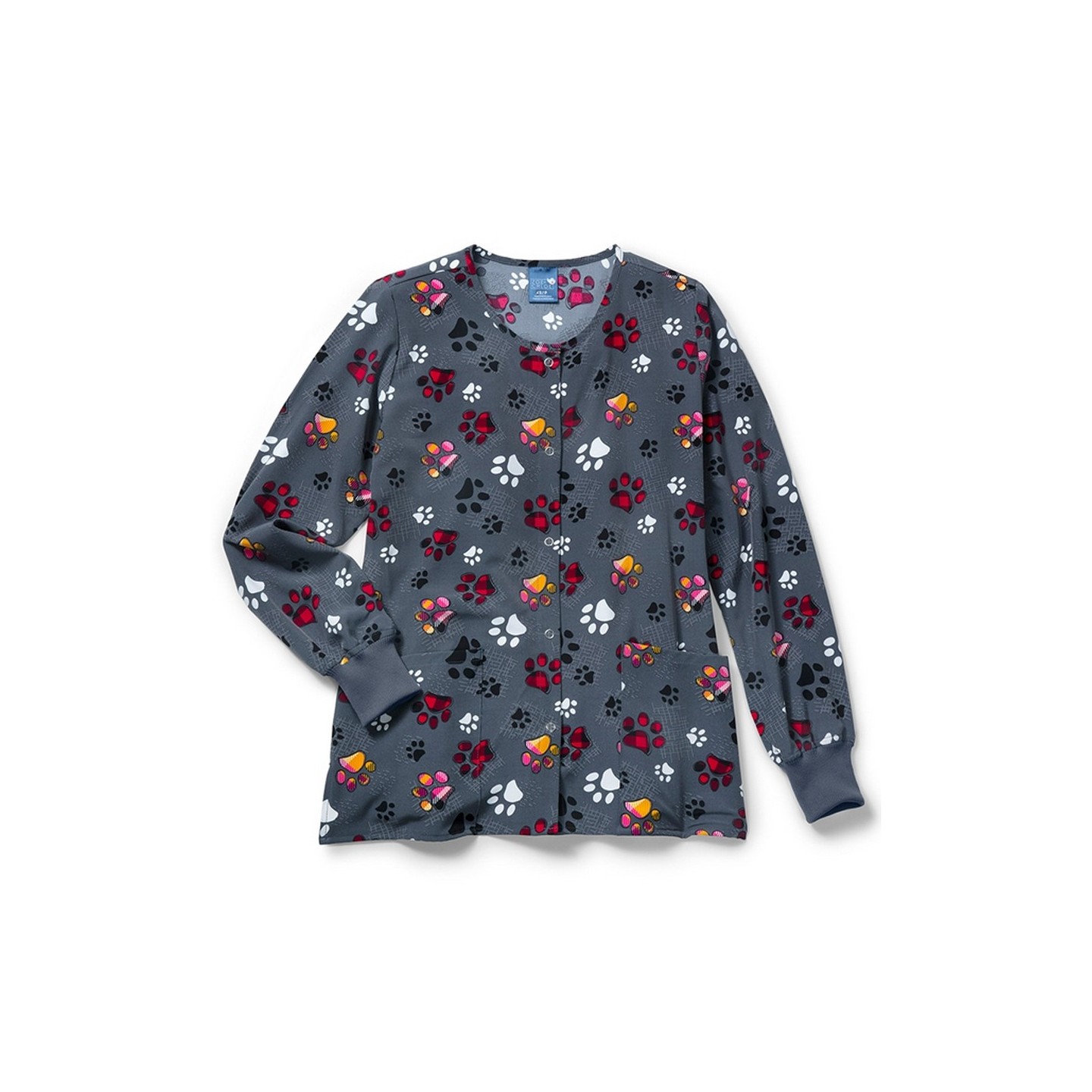 Zoe + Chloe Checking Paws Round Neck Poly Print Warm Up Scrub Jacket
