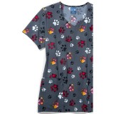 Zoe + Chloe Checking Paws Diamond Neck Poly Print Scrub Tops