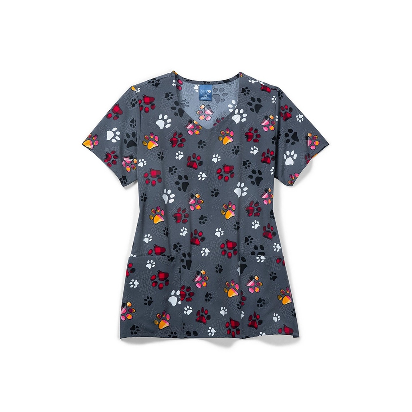 Zoe + Chloe Checking Paws Diamond Neck Poly Print Scrub Tops