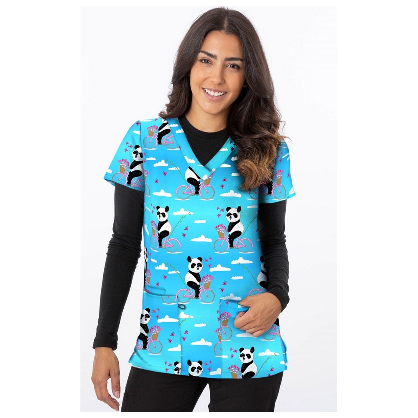 1190BK – PANDA CYCLE Print Scrub Top - Soft Stretch Zinnia Fabric by Greentown