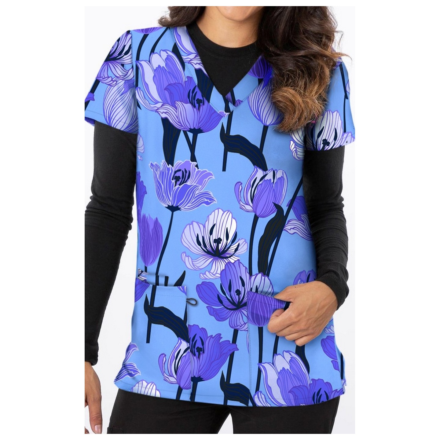 1190BK – Tulips Print Scrub Top - Soft Stretch Zinnia Fabric by Greentown