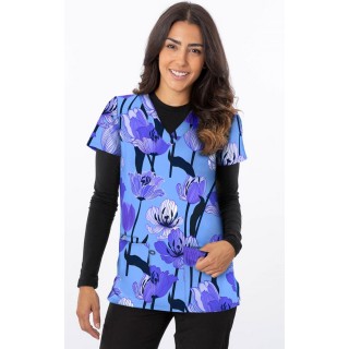 1190BK – Tulips Print Scrub Top - Soft Stretch Zinnia Fabric by Greentown