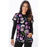 1534BK – Bright Flowers Print Scrub Top - Soft Stretch Zinnia Fabric by Greentown