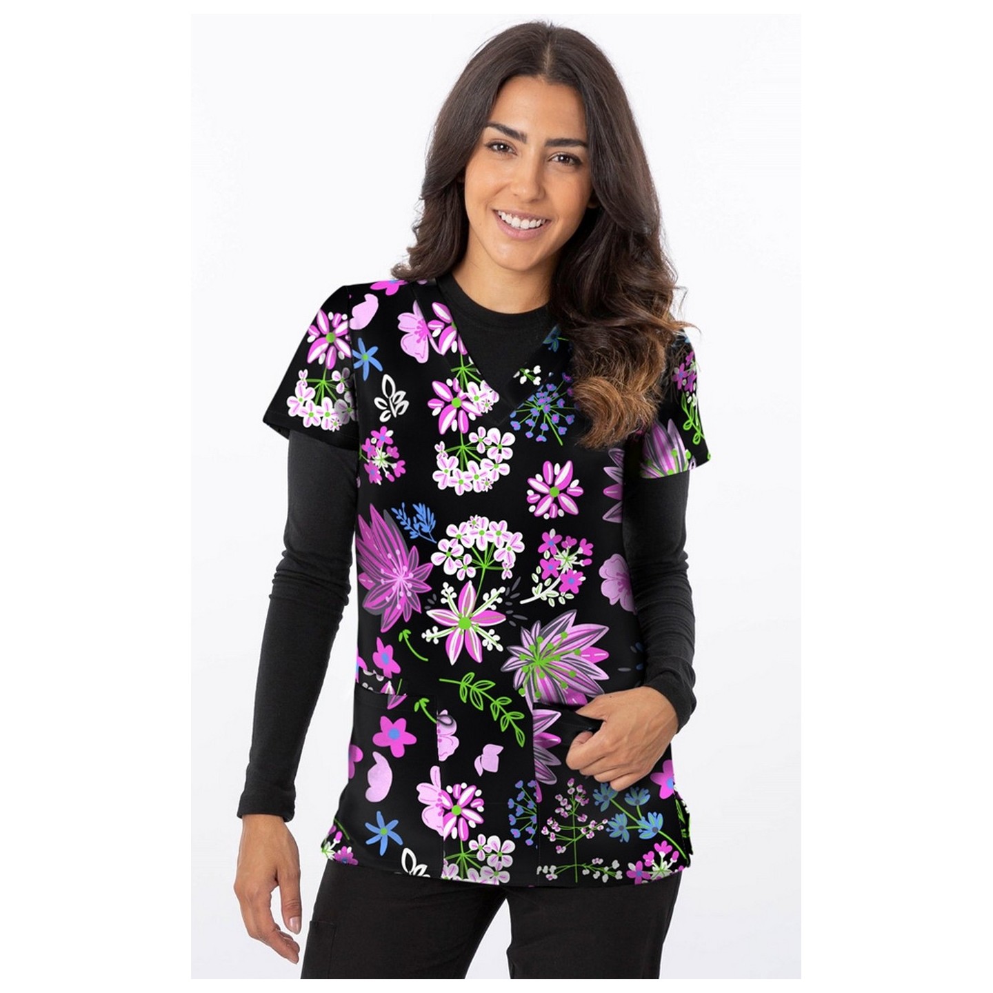 1534BK – Bright Flowers Print Scrub Top - Soft Stretch Zinnia Fabric by Greentown