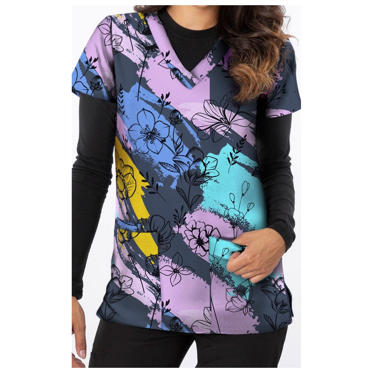 1535GR – LINED PAINTED FLORAL Print Scrub Top - Soft Stretch Zinnia Fabric by Greentown