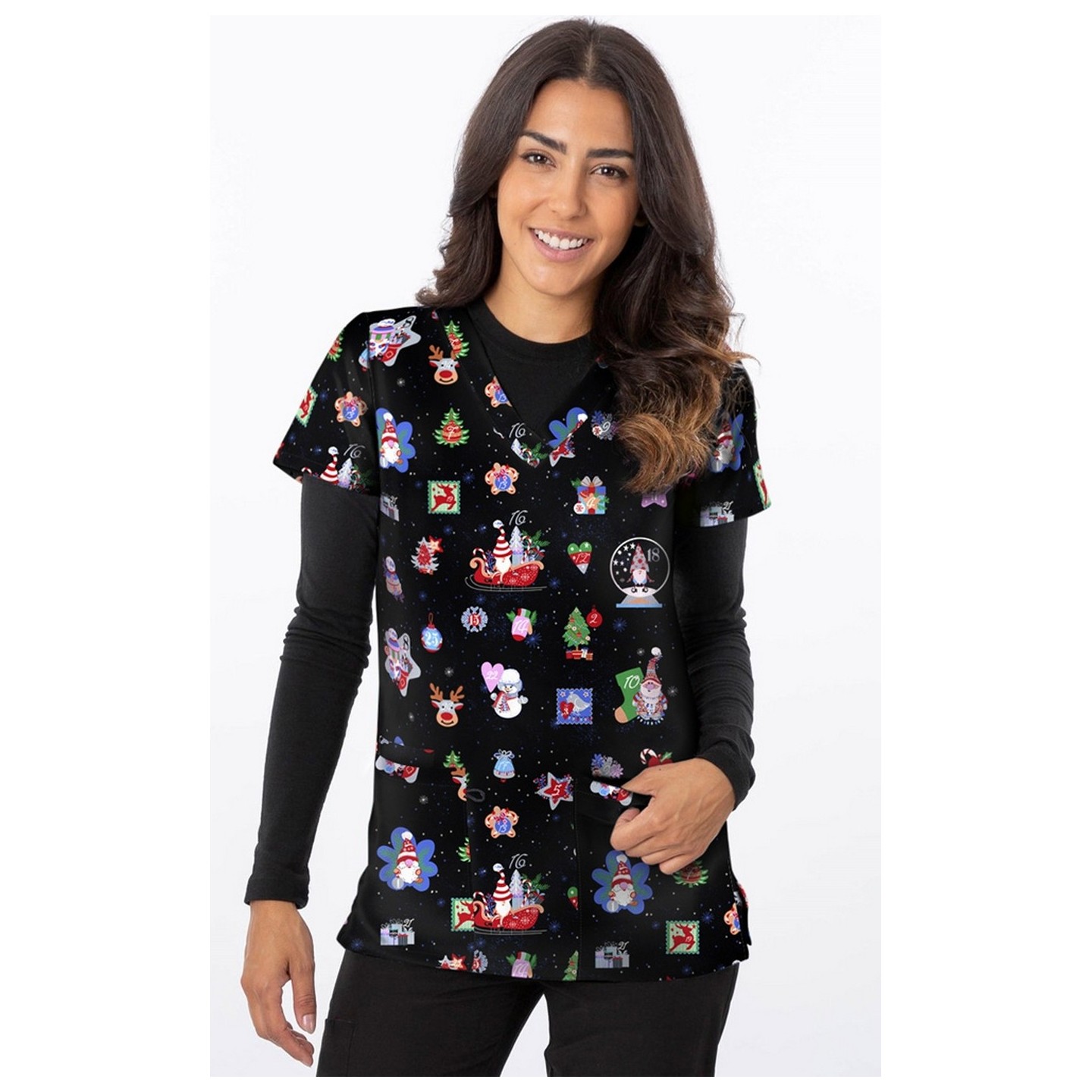 1563BK – Countdown To Christmas Print Scrub Top  by Greentown