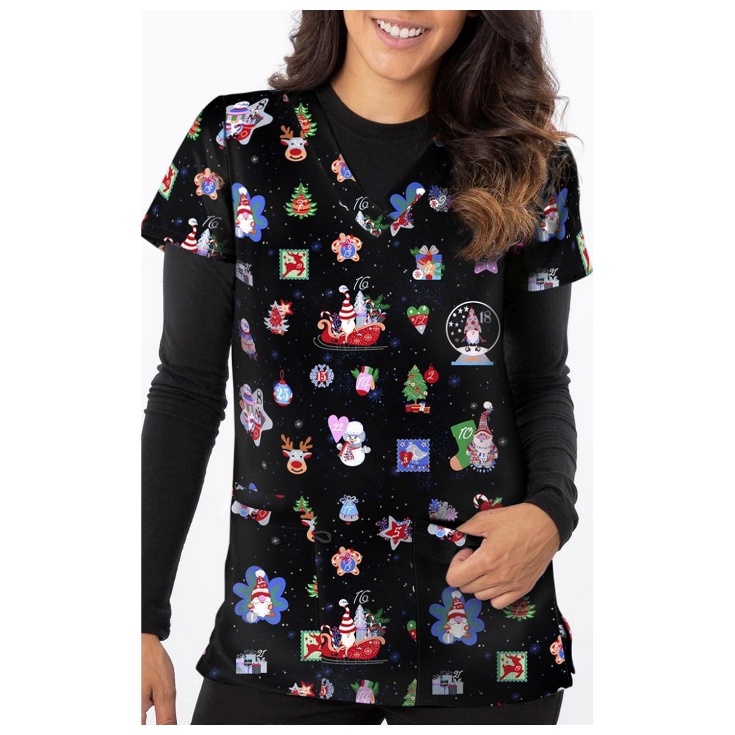1563BK – Countdown To Christmas Print Scrub Top  by Greentown