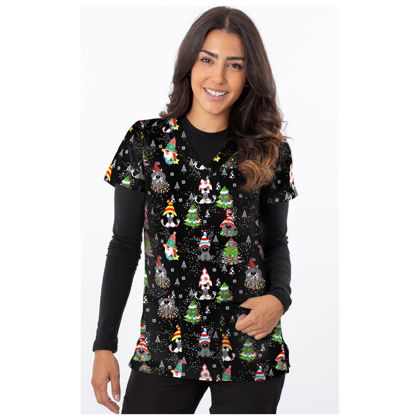 1565BK – GNOME PAWSMAS Print Scrub Top  by Greentown