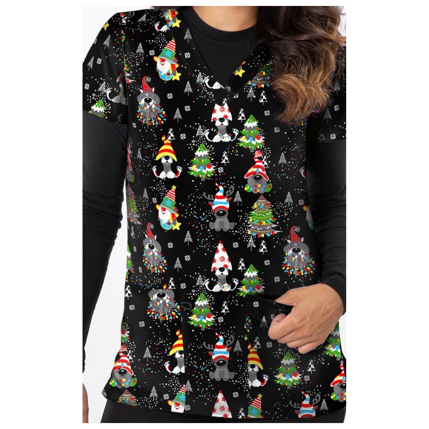 1565BK – GNOME PAWSMAS Print Scrub Top  by Greentown