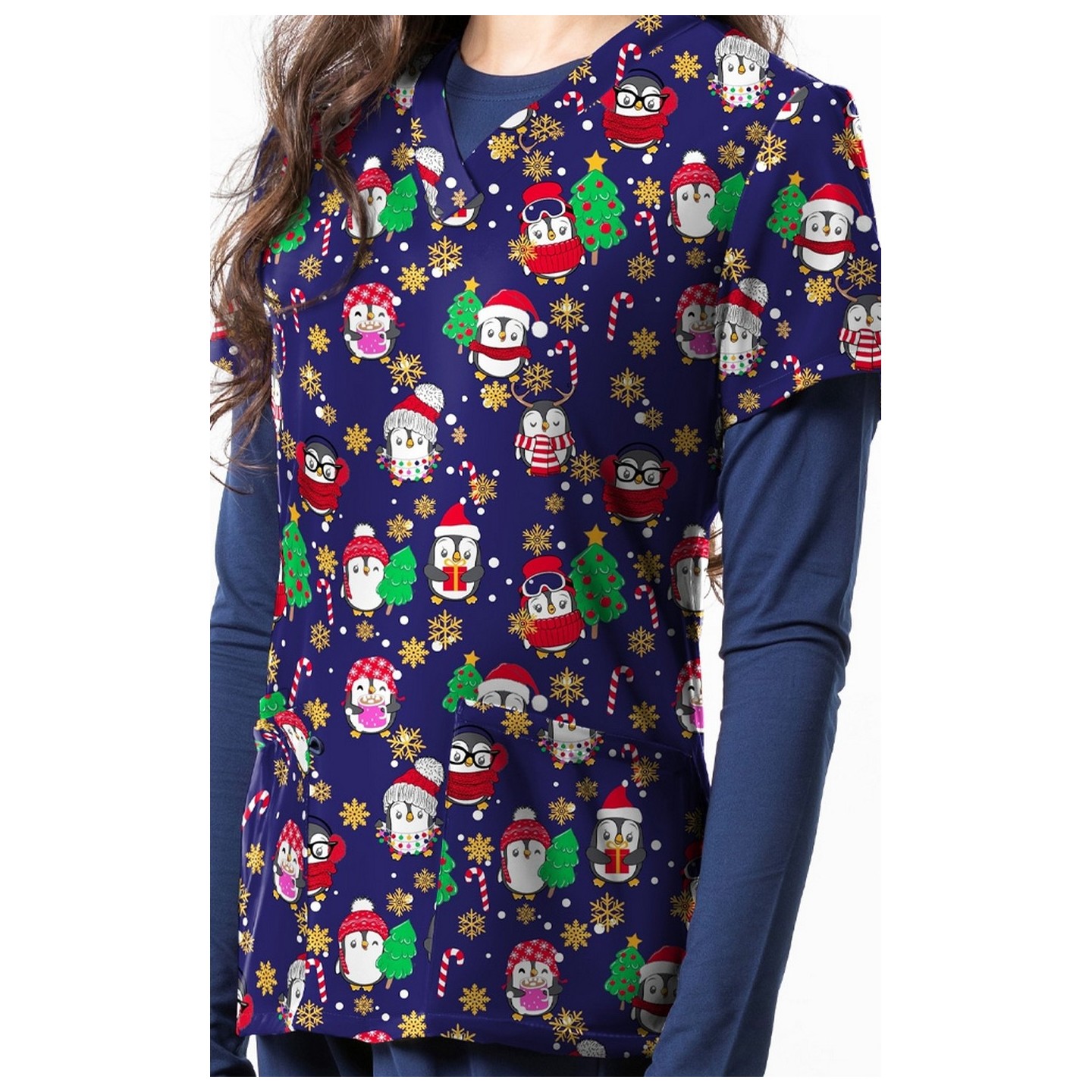 1571NV – Penguin Snow Day Print Scrub Top  by Greentown