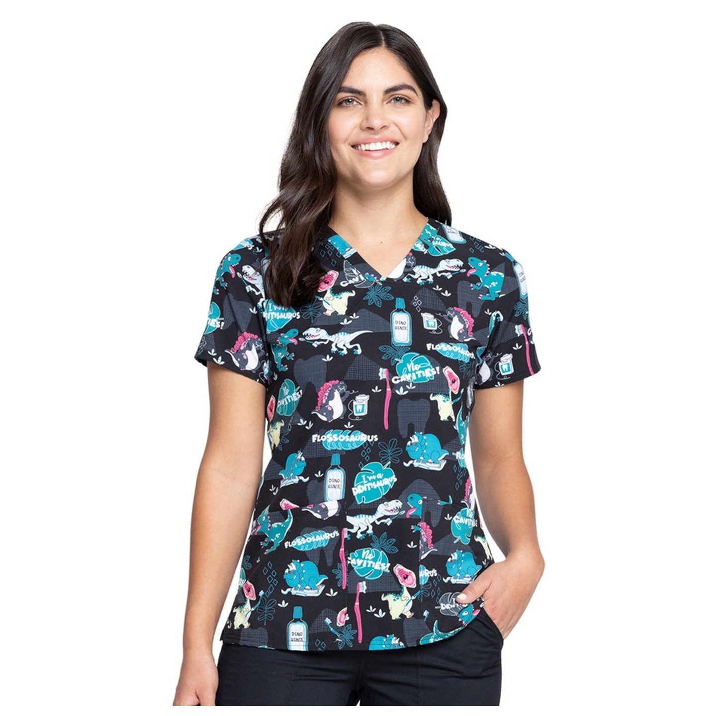 *VENTE FINALE CK671 - Cherokee Prints V-Neck Knit Panel Top in I'm A Dentisaurus