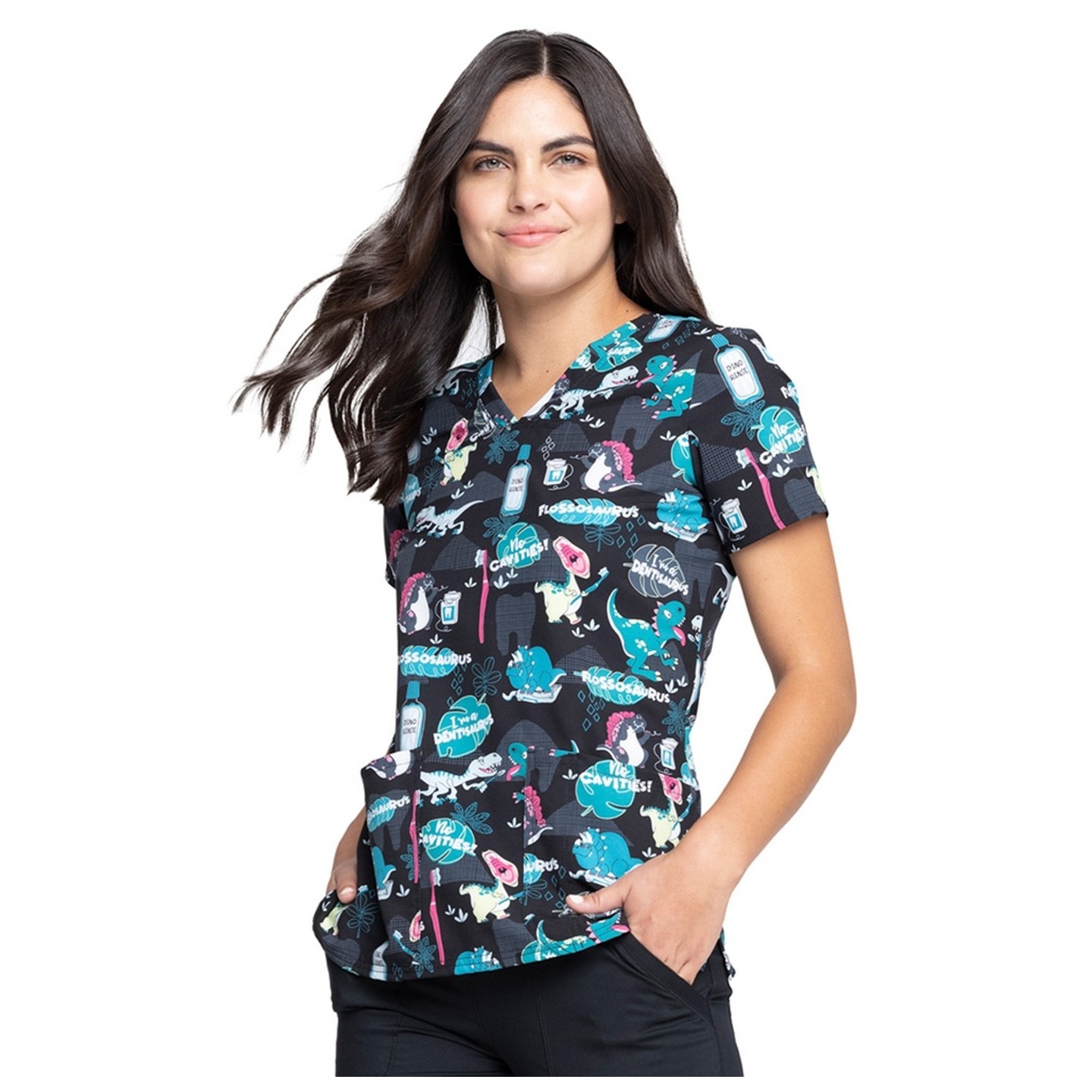 *VENTE FINALE CK671 - Cherokee Prints V-Neck Knit Panel Top in I'm A Dentisaurus