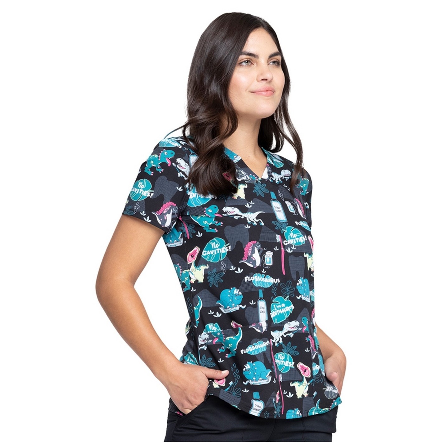 *VENTE FINALE CK671 - Cherokee Prints V-Neck Knit Panel Top in I'm A Dentisaurus