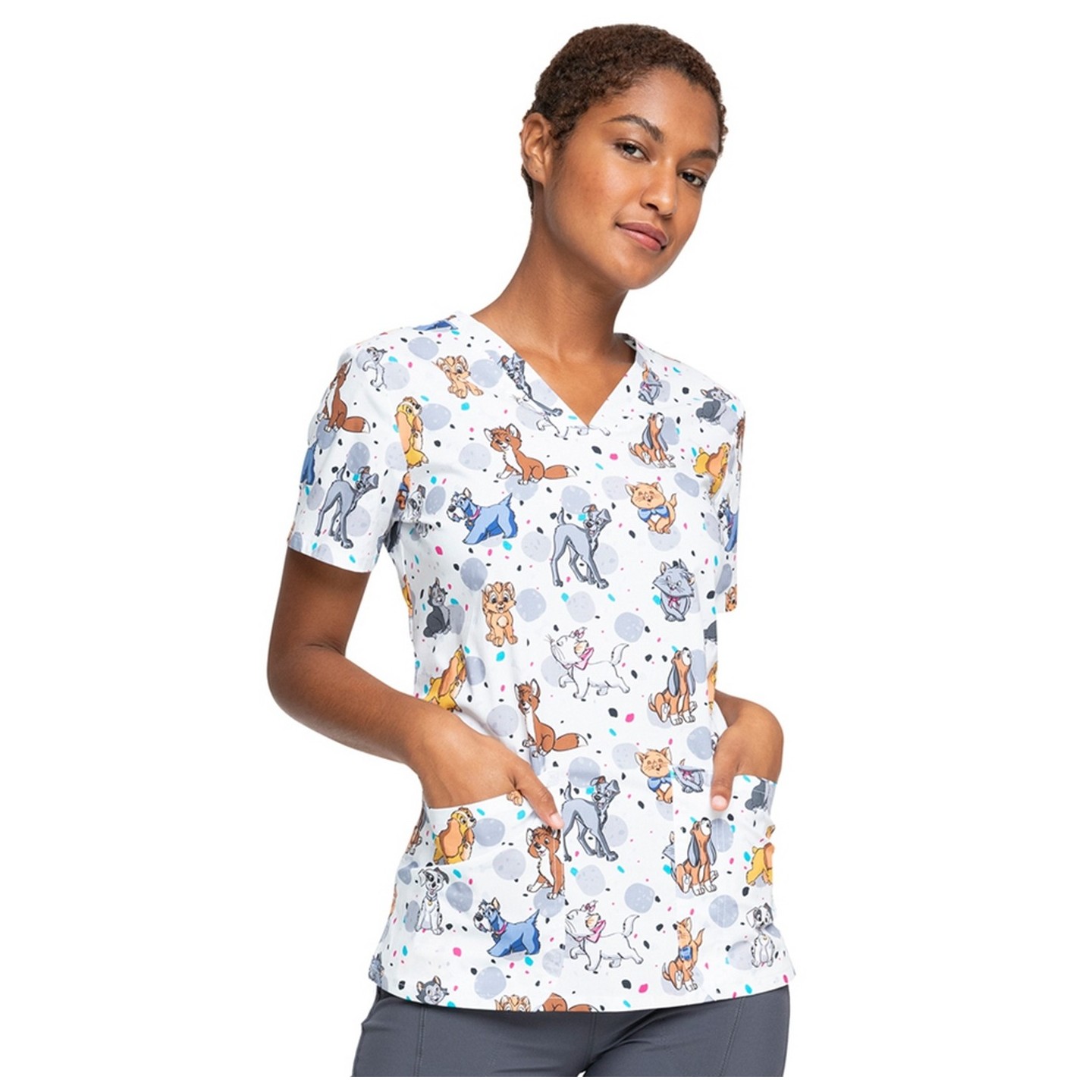 *FINAL SALE TF738 LACD - Cherokee Licensed Tooniforms V-Neck Top in Cats And Dogs