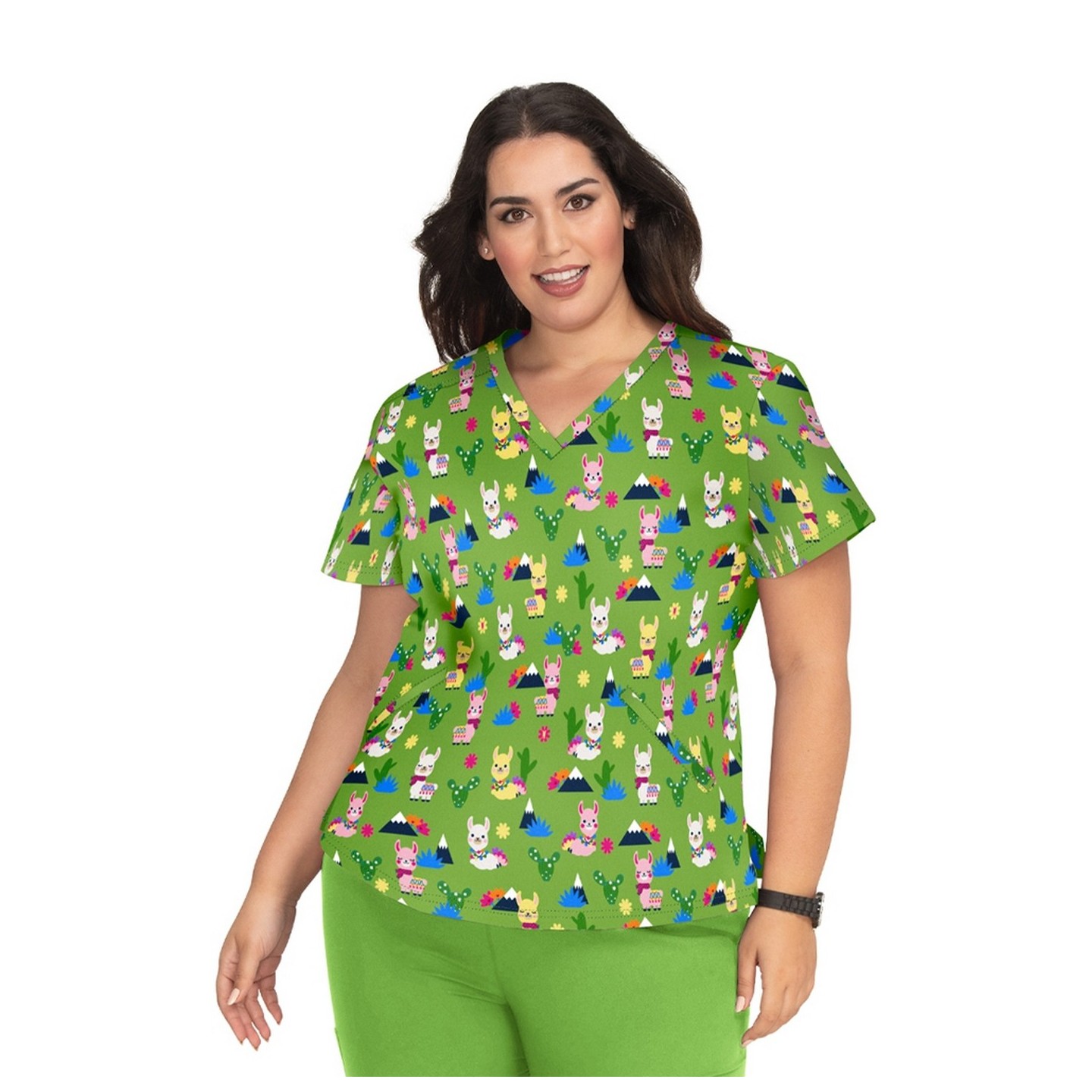 F101PR French Bull by koi Doll V-Neck Print Scrub Top - Spring Llama